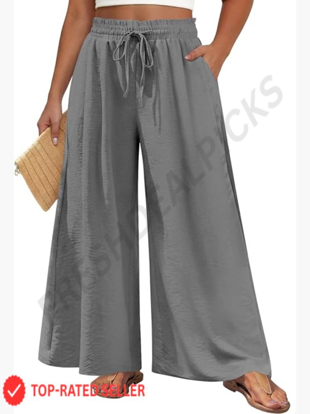 Wide Leg Palazzo Pants Flowy Trousers with Pockets High Waisted Elastic Waist